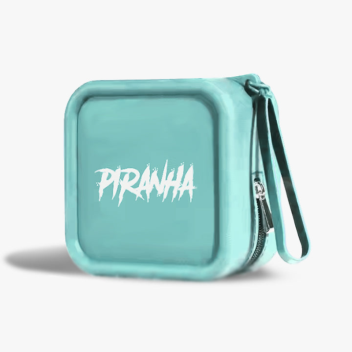 Turquoise case with 'Piranha' branding on a white background