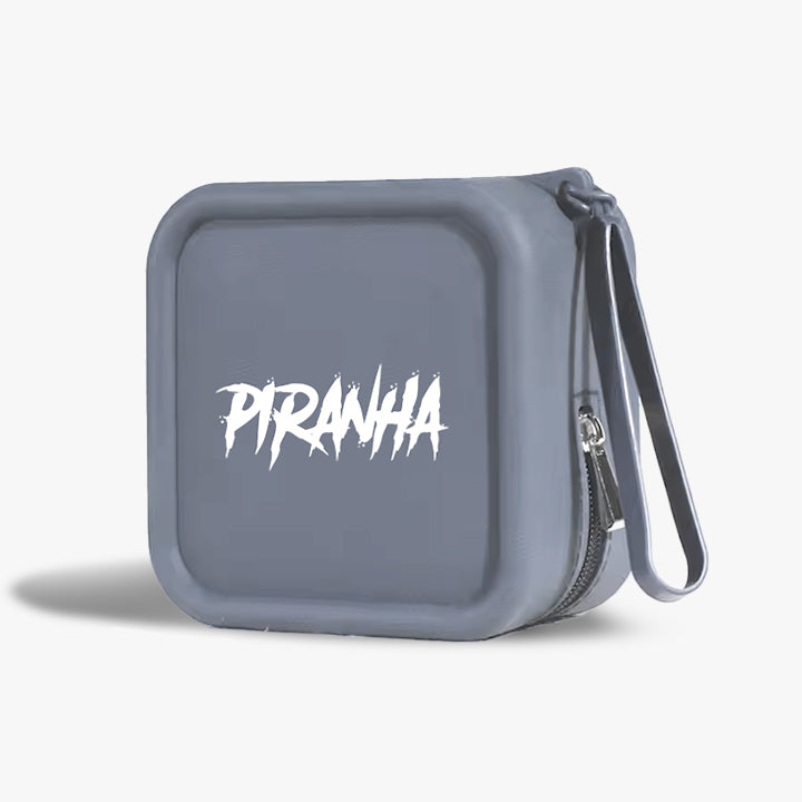 Grey case with 'Piranha' branding on a white background