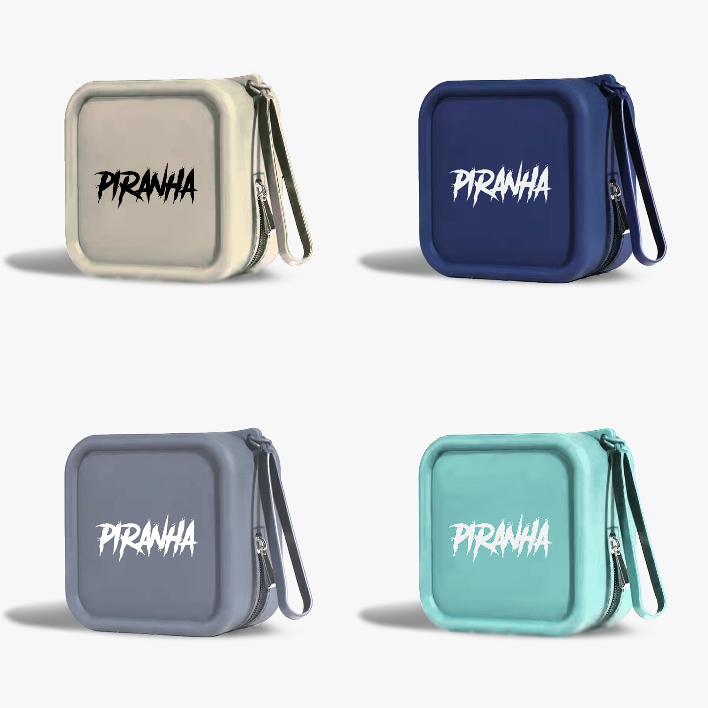 Four square pouches with 'Piranha' branding in different colors on a white background.