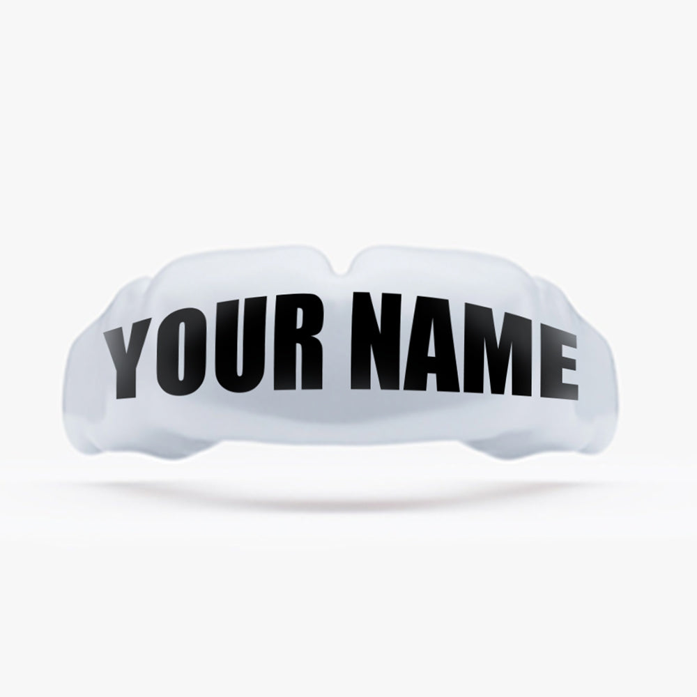 White mouthguard with 'YOUR NAME' text on a white background