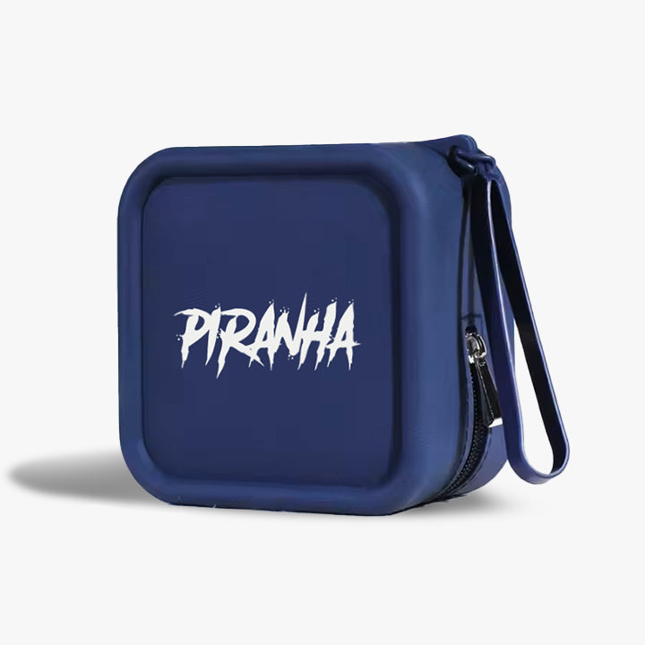 Navy blue case with 'Piranha' branding on a white background