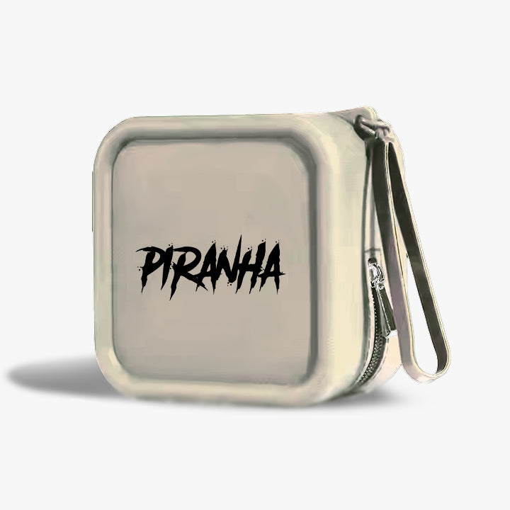 Cream case with 'Piranha' branding on a white background